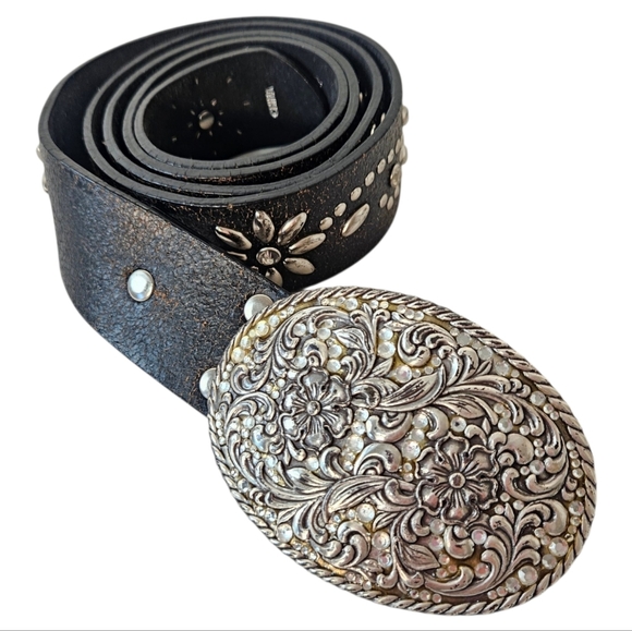 Nocona Distressed Black Leather Western Belt Floral Rhinestone Buckle L main image 8